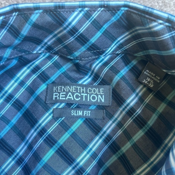 Kenneth Cole Dress Shirt Mens Blue Gray Plaid Non Iron Slim Fit Long Sleeve - Picture 4 of 7